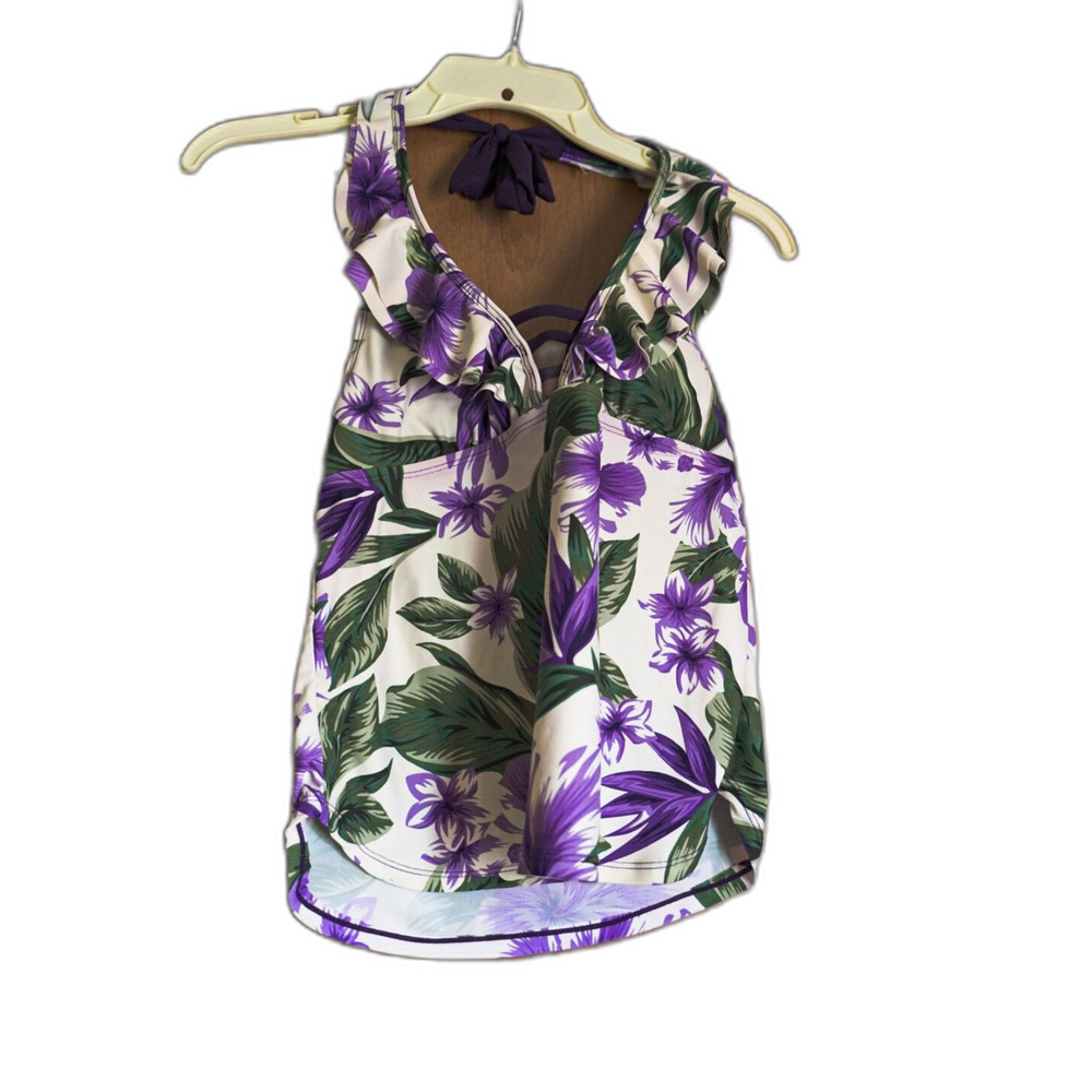 Ana Purple Floral Ruffle Halter Tankani Swim Top Size Medium